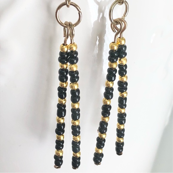 New Hand Beaded Dangling Earrings Black Golden Dainty Elegant Modern Classic - Picture 6 of 8